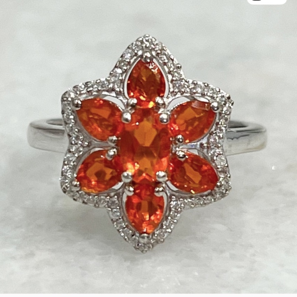 Crimson Fire Opal White Zircon Floral Ring Sz 7